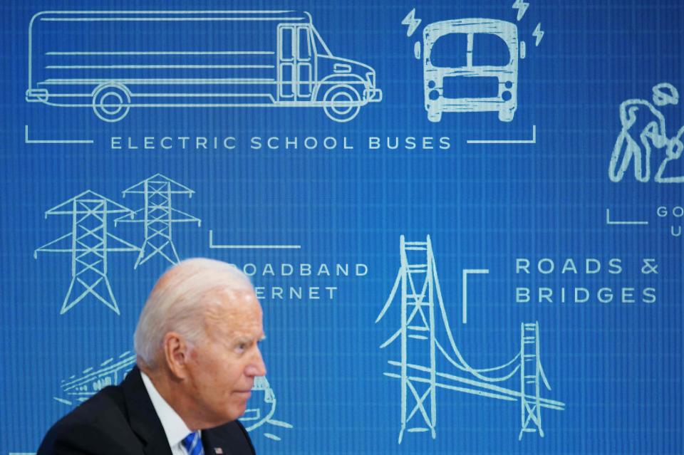 US President Joe Biden attends a virtual meeting with governors, mayors and local officials on the Infrastructure Investment and Jobs Act in the South Court Auditorium of the Eisenhower Executive Office Building in Washington, DC, on August 11, 2021. (Photo by MANDEL NGAN / AFP) (Photo by MANDEL NGAN/AFP via Getty Images)