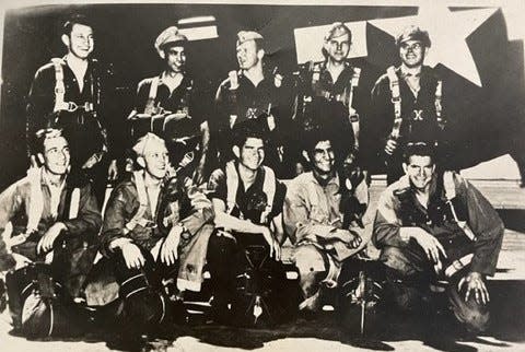 Karnig Thomasian, second from right on bottom row, with ten members of his 11-member B-29 crew during training in New Mexico during WW 2.  Five members of the crew were killed when their B-29 crashed during a bombing mission in Burma in December 1944.  Thomasian and six others survived by parachuting from their burning plane but were captured by Japanese forces and tortured.