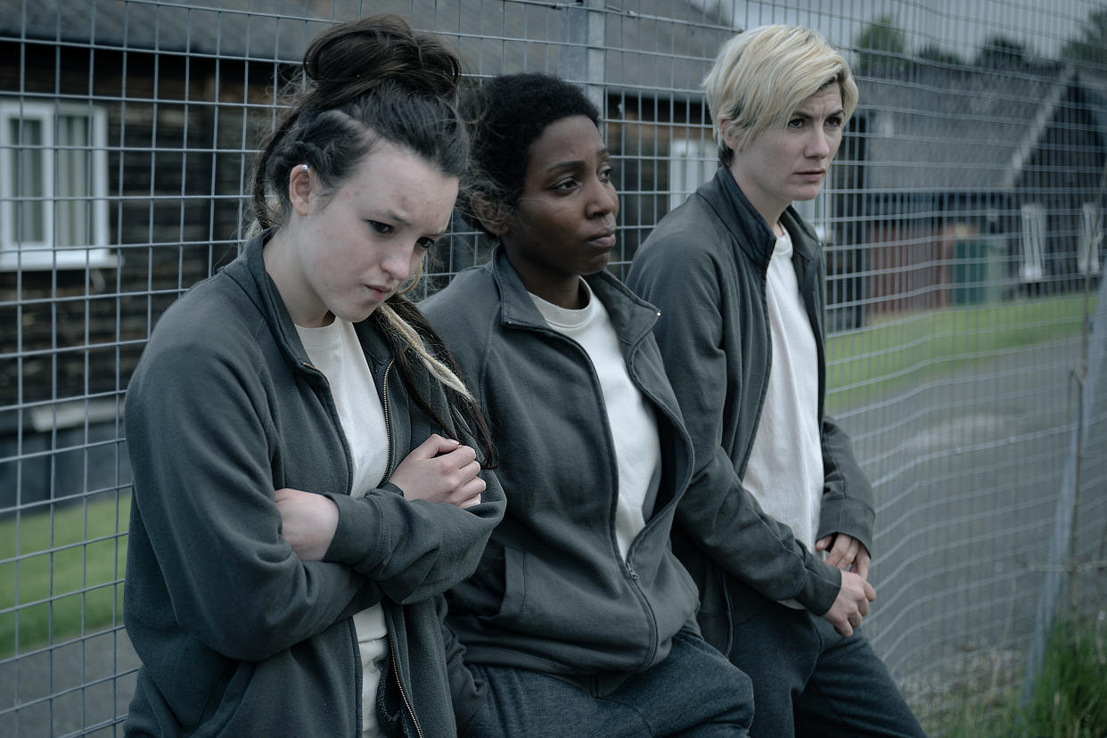 Kelsey (Bella Ramsey), Abi (Tamara Lawrance), Orla (Jodie Whittaker) in Time S2. (BBC)