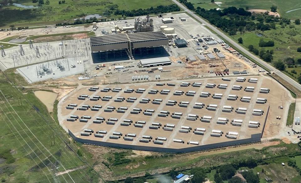 An aerial view of the bitcoin mining operation, bottom, and Wolf Hollow II Generating Station on June 7, 2024, in Hood County.