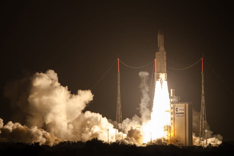 The Ariane 5 blasts off from the French Guyana European Spaceport of Kourou on June 5, 2013. A record 6.6 tonnes of cargo were hurtling towards the International Space Station after being blasted into orbit by the European rocket
