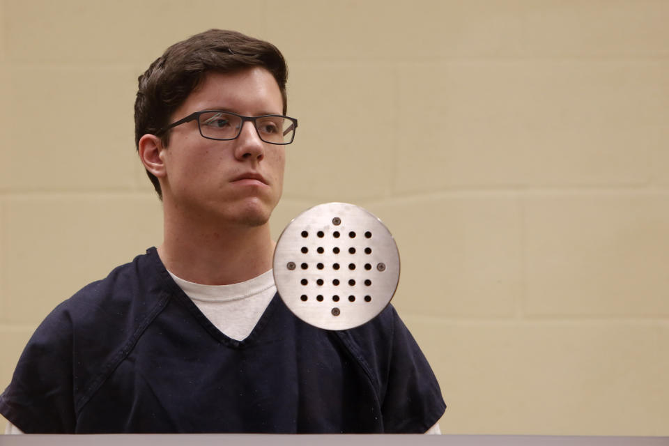 FILE - In this April 30, 2019, file photo, John T. Earnest appears for his arraignment hearing in San Diego. Earnest has been sentenced on Tuesday, Dec. 28, 2021, to life in federal prison for killing a woman and injuring three others when he burst into a Southern California synagogue in 2019, adding to a life sentence he received three months earlier in state court. (Nelvin C. Cepeda/The San Diego Union-Tribune via AP, Pool, File)