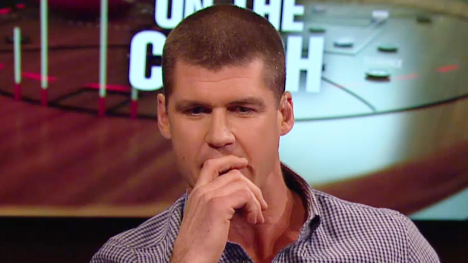 Jonathan Brown became emotional speaking about Danny Frawley. (Image: Fox Sports)