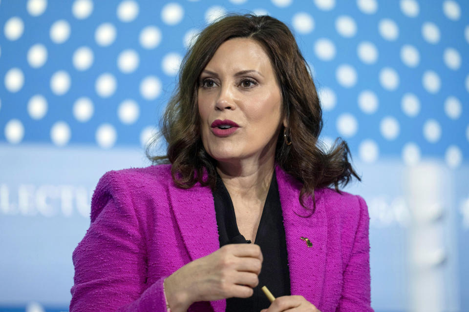 FILE - Michigan Gov. Gretchen Whitmer speaks at the SelectUSA Investment Summit, May 4, 2023, in Oxon Hill, Md. Nearly three years after authorities foiled a bizarre plot to kidnap Whitmer, the last defendants accused of taking part, Eric Molitor and brothers William Null and Michael Null, go on trial Monday, Aug. 21. (AP Photo/Alex Brandon, File)