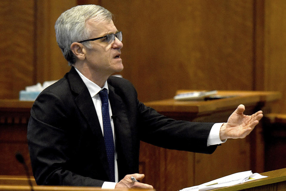 Boone County, Mo. Prosecuting Attorney Dan Knight presents his closing argument during murder trial of Joseph Elledge on Thursday Nov. 11, 2021, in Columbia, Mo. Elledge is accused of killing his 28-year-old wife, whom he reported missing in October 2019. Her remains were found in March in a park near Columbia, Mo. (Don Shrubshell/Columbia Daily Tribune via AP, Pool)