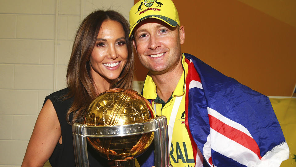 Michael and Kyly Clarke, pictured here celebrating with the 2015 Cricket World Cup trophy.