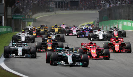 FILE PHOTO: Mercedes' Lewis Hamilton and other F1 drivers at Autodromo Jose Carlos Pace, Interlagos, Sao Paulo, Brazil - Nov 11, 2018. REUTERS/Ricardo Moraes/File Photo