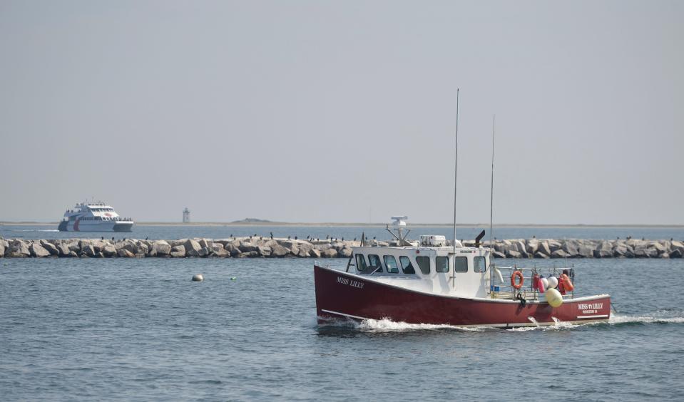 Lobsterman Mike Rego makes his way back on his boat, Miss Lilly, on Sept. 5 to MacMillan Pier in Provincetown, after retrieving lobsters from traps in Cape Cod Bay. Rego is part of a state study with Massachusetts Lobstermen's Association of low dissolved oxygen areas in the bay.
