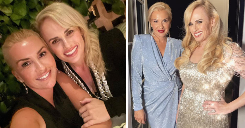 Left: Rebel Wilson and Agruma wearing black smile for the camera. Right: The couple are dressed up for the Vanity Fair Oscar party, Ramona in a shimmery blue dress, Rebel in a sparkly gold dress.