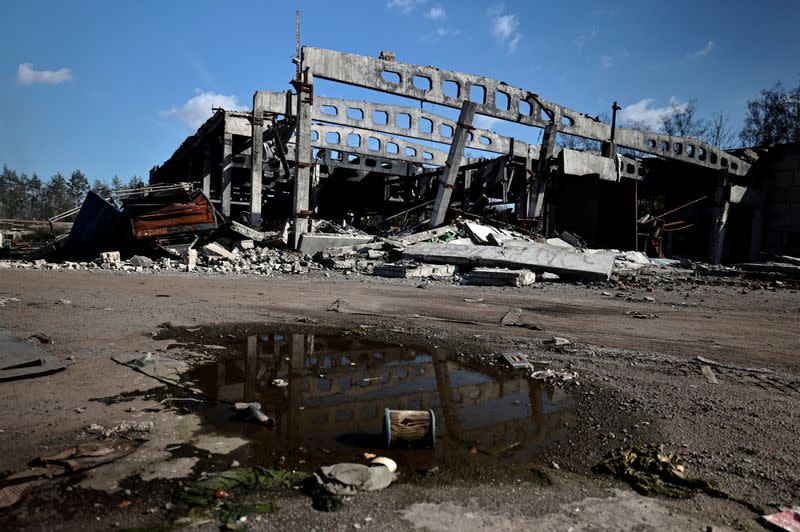 One of the destroyed buildings used by Russian troops as their headquarters in Balakliia