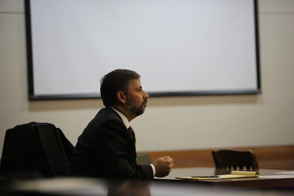 Dan Rashbaum, Donna Adelson's attorney, listens to Circuit Judge Stephen Everett as Adelson's case management hearing begins, Jan. 22, 2024.