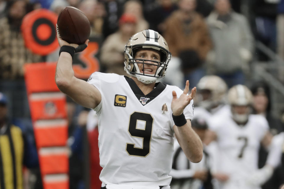 New Orleans Saints quarterback Drew Brees passes against the Tennessee Titans in the first half of an NFL football game Sunday, Dec. 22, 2019, in Nashville, Tenn. (AP Photo/James Kenney)