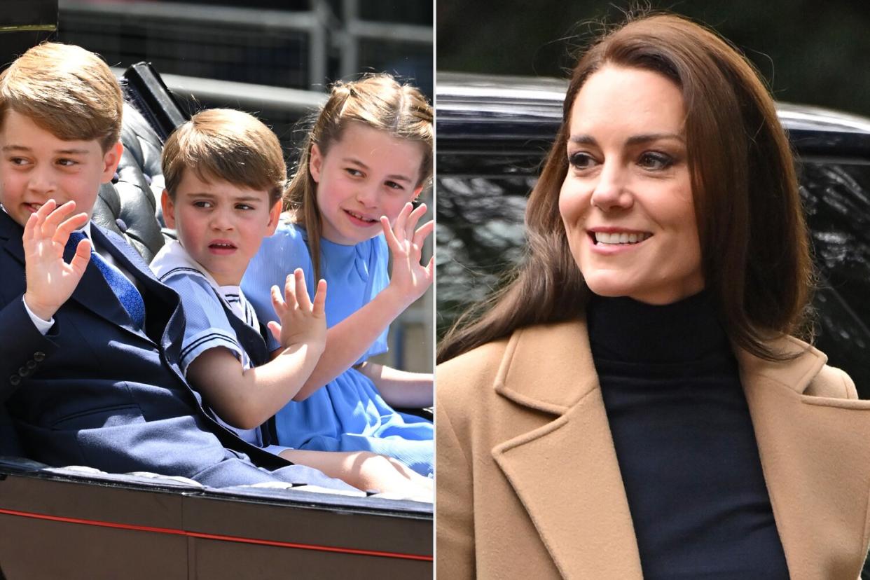 Prince George, Prince Louis and Princess Charlotte during Trooping the Colour; Catherine, Princess of Wales arrives at the Oxford House Nursing Home
