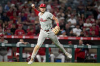 Philadelphia Phillies third baseman Alec Bohm throws out Los Angeles Angels' Luis Rengifo at first during the sixth inning of a baseball game, Monday, April 29, 2024, in Anaheim, Calif. (AP Photo/Ryan Sun)