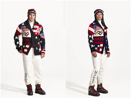 A combination photo shows Zach Parise (L) of the United States men's ice hockey team and Julie Chu, of the United States women's ice hockey team wearing the Official Opening Ceremony Parade Uniforms for the 2014 Winter Olympic Games in these photos released on January 23, 2014. REUTERS/Ralph Lauren/Handout