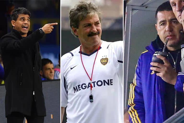 Hugo Ibarra (entrenador de Boca), Ricardo La Volpe (cuando fue DT xeneize, en 2006) y Juan Roman Riquelme (en el palco, como dirigente)