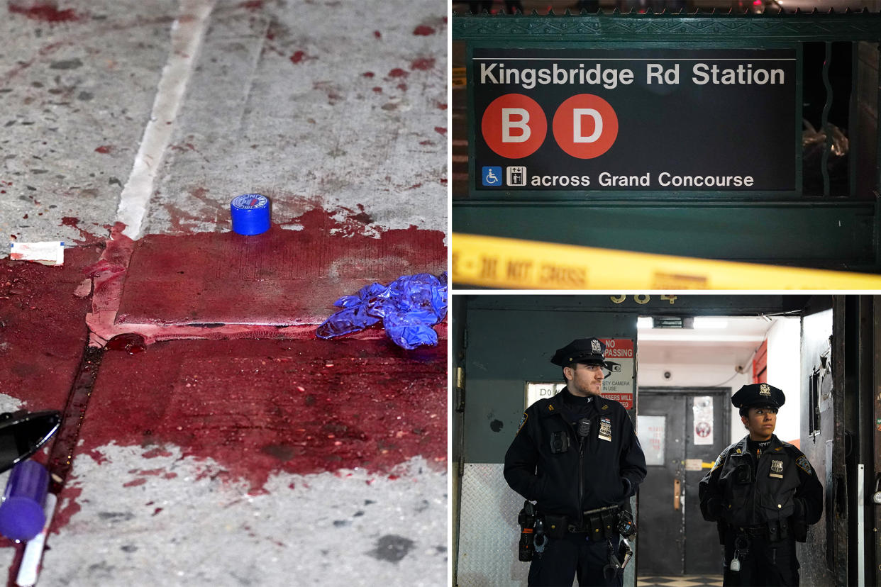 blood stains, left; subway sign for kingsbridge station, upper right; police at scene, lower right
