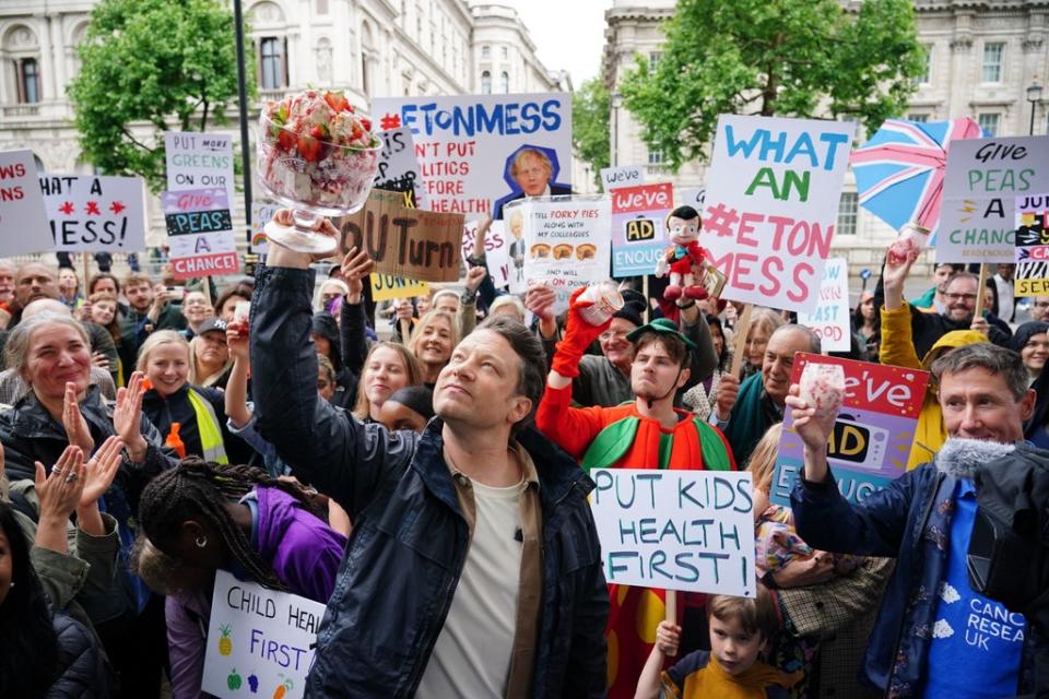 Chef Jamie Oliver takes part in the What An Eton Mess demonstration outside Downing Street, calling for Boris Johnson to reconsider his U-turn on the Government’s anti-obesity strategy (Dominic Lipinski/PA) (PA Wire)