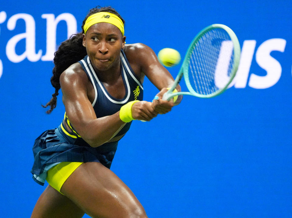 Aug 28, 2024; Flushing, NY, USA;  Coco Gauff (USA) hits to Tatjana Maria (GER) on day three of the 2024 U.S. Open tennis tournament at USTA Billie Jean King National Tennis Center. Mandatory Credit: Robert Deutsch-USA TODAY Sports