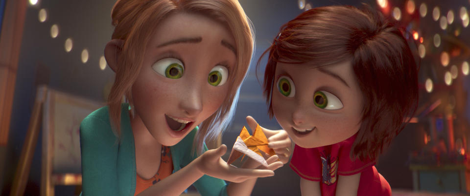 This image released by Paramount Animation shows June, voiced by Sofia Mali, right, and her mom, voiced by Jennifer Garner, in a scene from the animated film "Wonder Park." (Paramount Animation via AP)