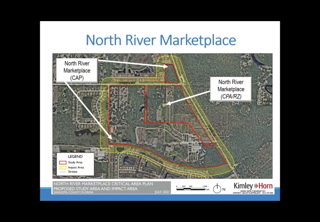 This aerial map shows both the study and impact area for the North River Marketplace Critical Area Plan. Three separate developers are interested in building projects on the 192-acres though the overall critical area plan is being shepherded through by representatives of The Barclay Group, which is interested in building  a 51.2-acre commercial center that would include 110-square-feet of commercial development and 285 multi-family homes.