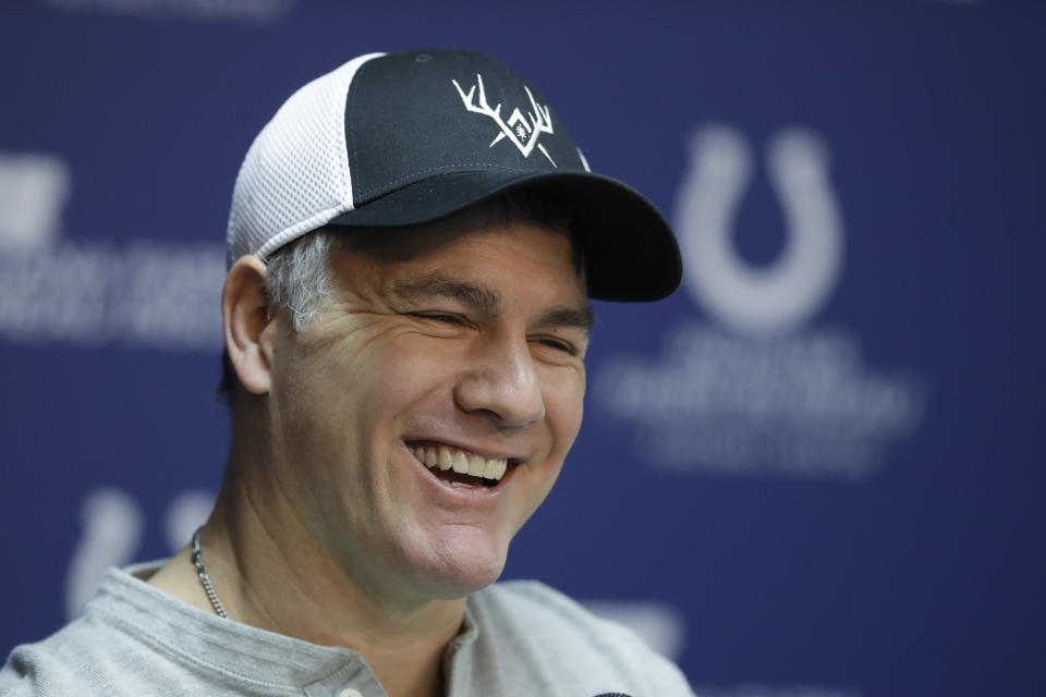 FILE - In this Jan 28, 2019, file photo, Indianapolis Colts kicker Adam Vinatieri speaks during a news conference at the NFL team's facilityin Indianapolis. The Colts now have two kickers under contract for next season while the NFL's career scoring leader, Adam Vinatieri, remains a free agent. On Wednesday, April 29, 2020, team officials announced they had signed 10 undrafted rookies including Rodrigo Blankenship of Georgia, one of last season's top college kickers.(AP Photo/Darron Cummings, File)