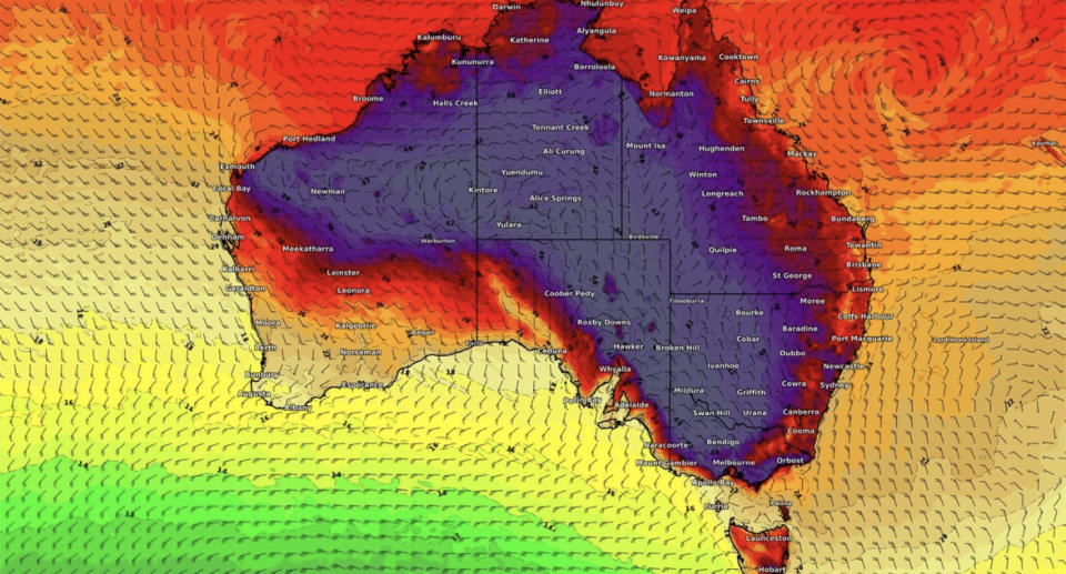 In addition to the brutal heat, a severe weather warning for damaging winds has also been issued for parts of the southeast coast. Image: Weatherzone