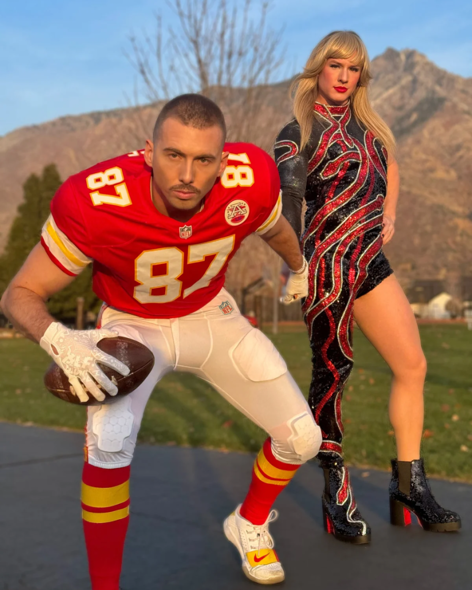 Charlie Bird and Ryan Clifford dressed up as Travis Kelce and Taylor Swift for Halloween 2023.