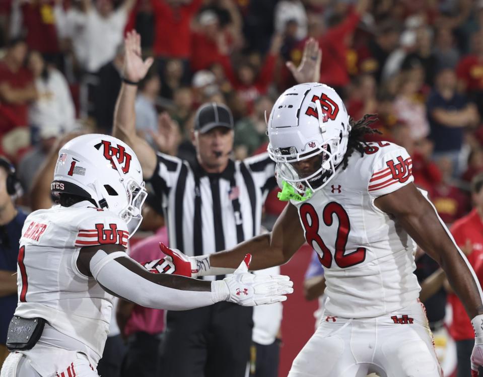 Utah Utes running back Jaylon Glover (1) celebrates Landen King’s touchdown against USC at the Los Angeles Memorial Coliseum on Saturday, Oct. 21, 2023.