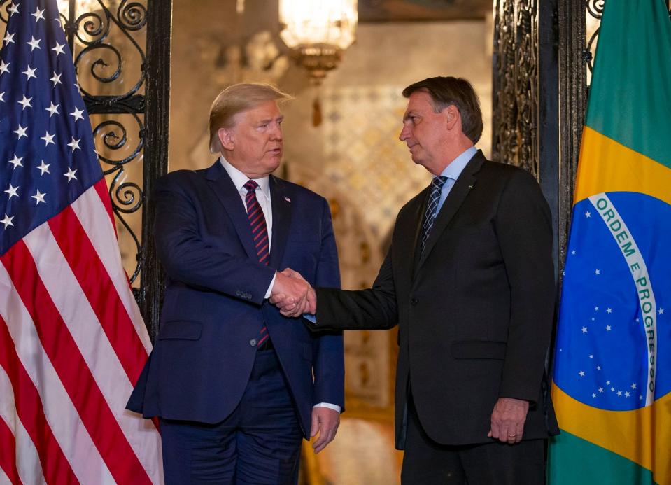 Two former presidents, Donald Trump and Jair Bolsonaro, are seen here during happier times at Mar-a-Lago in 2018. Now both in Florida, It’s only a matter of time before they get together for their own pity party.