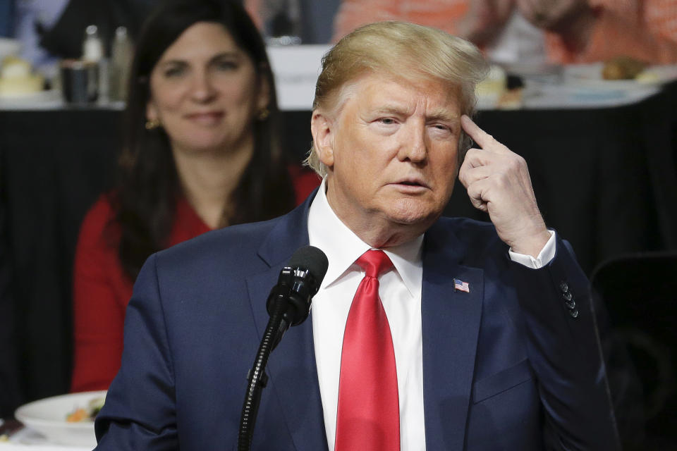 President Donald Trump addresses the Economic Club of New York Tuesday, Nov. 12, 2019, in New York. (AP Photo/Seth Wenig)