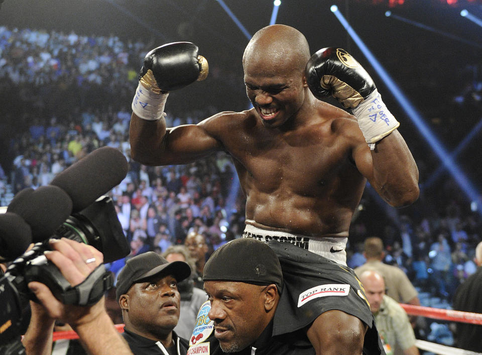 Timothy Bradley, from Palm Springs, Calif., reacts to his split decision victory over Manny Pacquiao, from the Philippines, in their WBO welterweight title fight Saturday, June 9, 2012, in Las Vegas. (AP Photo/Chris Carlson)