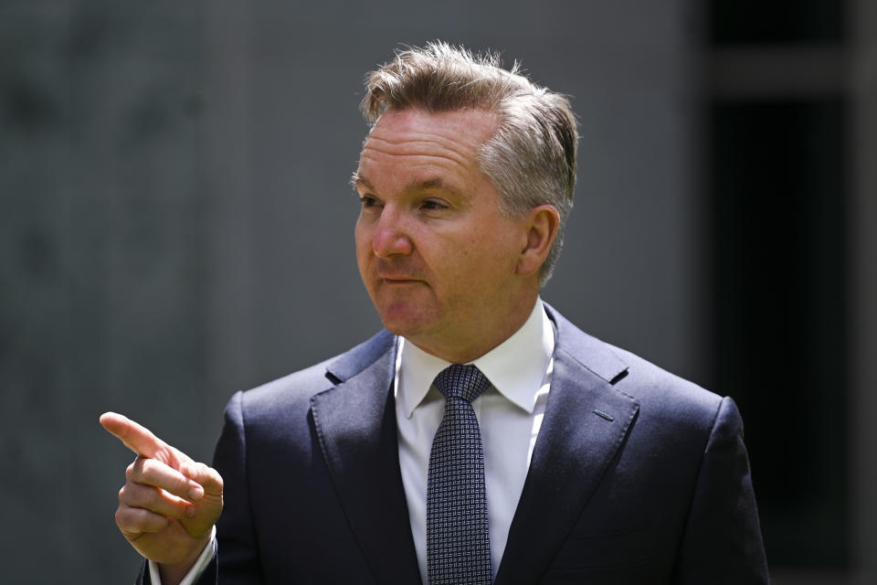 Australia's shadow climate change minister Chris Bowen speaks to the media during a press conference at Parliament House in Canberra, Monday, Oct. 25, 2021. Australia's opposition party said a looming election will be fought on greenhouse gas reduction targets as Prime Minister Scott Morrison comes under criticism from scientists over the modest goals he will take to a U.N. climate summit. (Lukas Coch/AAP Image via AP)