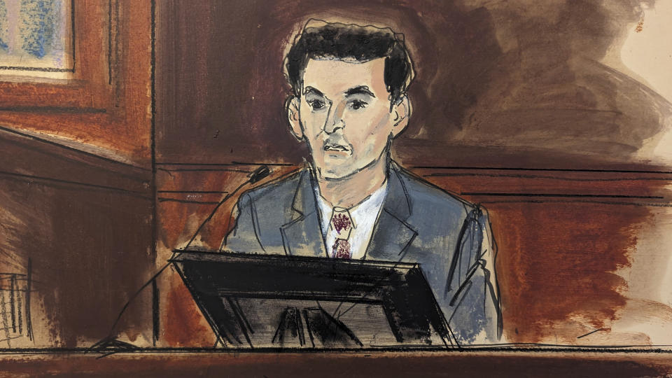 In this courtroom sketch, FTX founder Sam Bankman-Fried is questioned during his trial in Manhattan federal court, Thursday, Oct. 26, 2023, in New York. (Elizabeth Williams via AP)