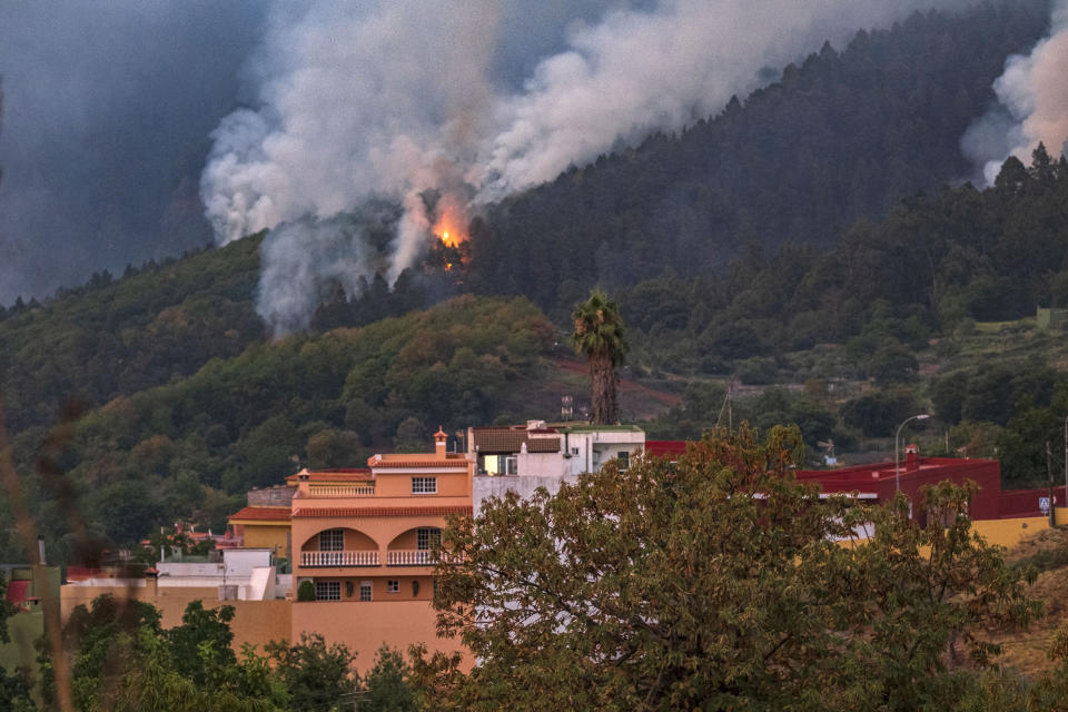 Fire advances through the forest in La Orotava in Tenerife, Canary Islands, Spain on Saturday, Aug. 19, 2023. Firefighters have battled through the night to try to bring under control the worst wildfire in decades on the Spanish Canary Island of Tenerife, a major tourist destination. The fire in the north of the island started Tuesday night and has forced the evacuation or confinement of nearly 8,000 people. Regional officials say Friday's efforts will be crucial in containing the fire. (AP Photo/Arturo Rodriguez)