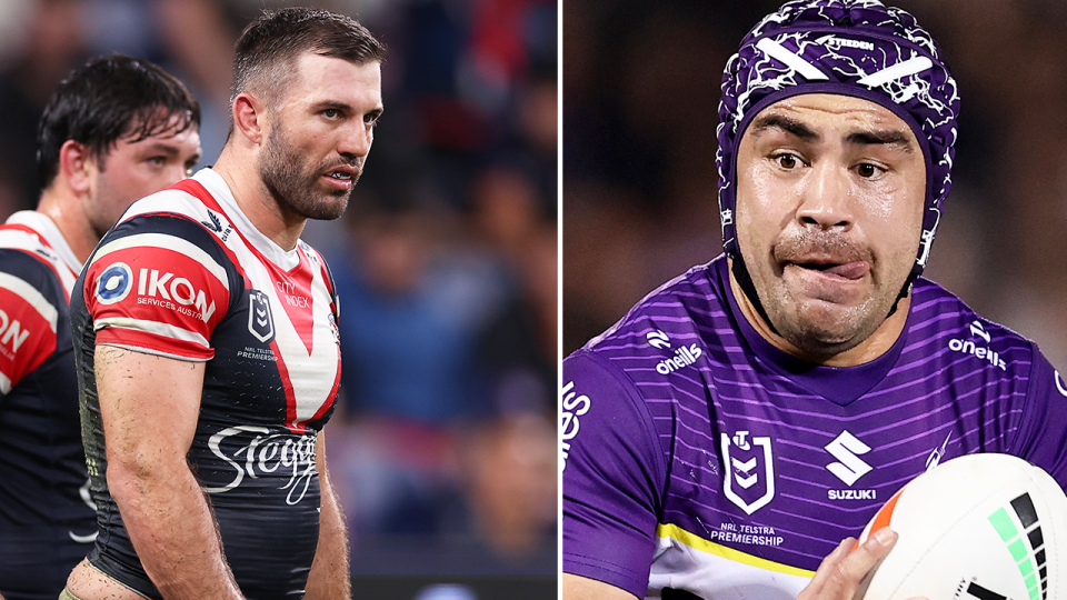 NRL fans believe Jahrome Hughes (pictured) has soared out to favourite to win a maiden Dally M medal ahead of James Tedesco (pictured right). (Getty Images)