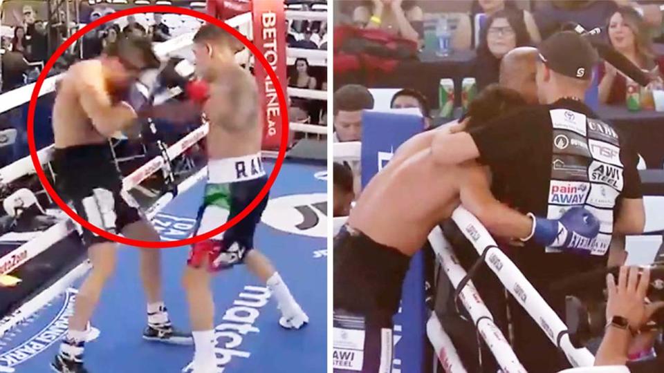 Brock Jarvis (pictured right) hugging his trainer and (pictured left) defending himself as Alejandro Frias throws punches.