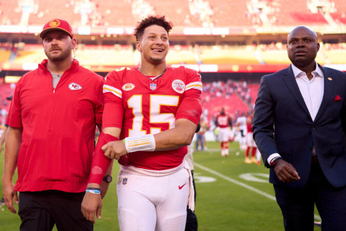 KANSAS CITY, MO - SEPTEMBER 24: Patrick Mahomes #15 of the Kansas City Chiefs celebrates after defeating the Chicago Bears at GEHA Field at Arrowhead Stadium on September 24, 2023 in Kansas City, Missouri. (Photo by Cooper Neill/Getty Images) | Photo Credit: Cooper Neill/Getty Images