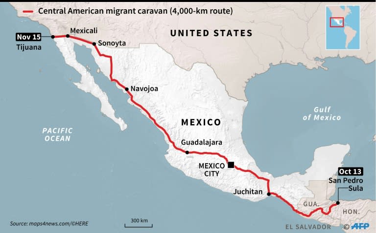 Route of the caravan of Central American migrants towards the United States