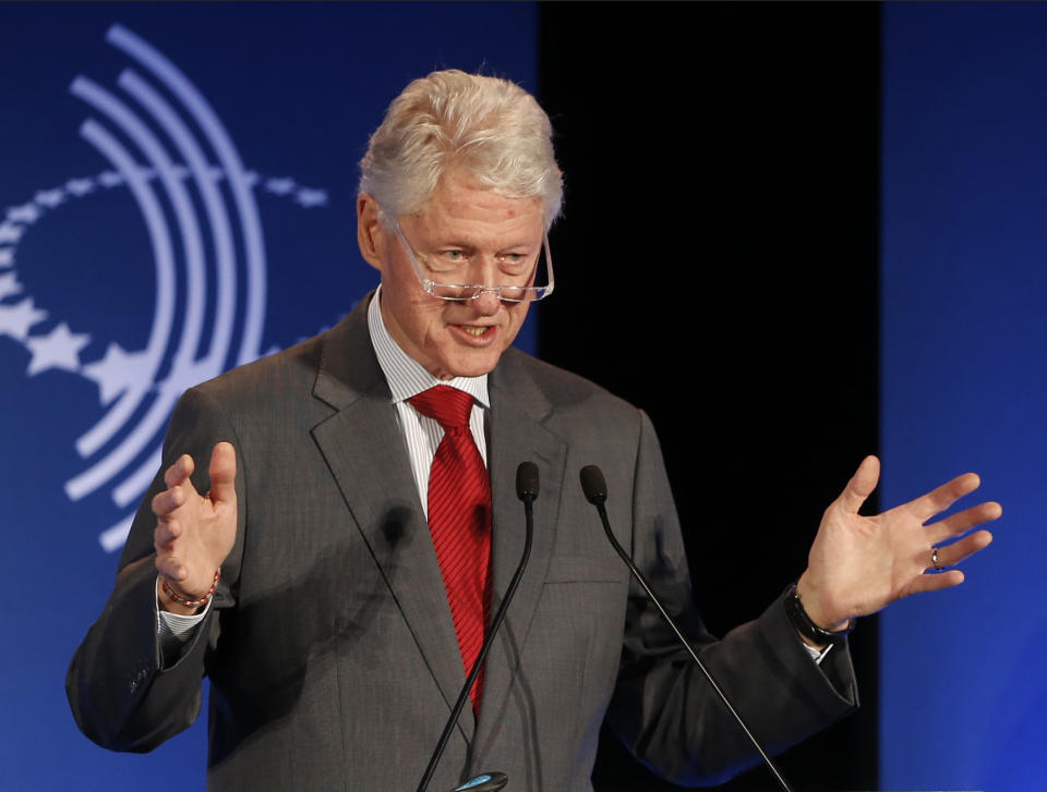 FILE - In this Monday, Dec. 9, 2013, file photo, former President Bill Clinton speaks at a CGI Clinton Global Initiative Latin America event at the Copacabana Palace in Rio de Janeiro. During Jay Leno’s two-decade tenure as NBC’s “Tonight” show host, the comic has cracked a total of 4,607 jokes at the expense of President Clinton. The Washington-based Center for Media and Public Affairs counted and catalogued nearly 44,000 jokes Leno made about politics and public affairs during his time at “Tonight,” which ends Thursday. (AP Photo/Silvia Izquierdo, File)