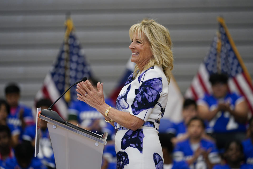 First lady Jill Biden speaks at Emmett J. Conrad High School in Dallas, Tuesday, June 29, 2021. (AP Photo/Carolyn Kaster, Pool)