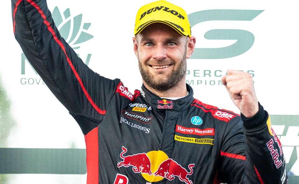 Shane van Gisbergen, pictured here celebrating after winning the second race of the Supercars season.