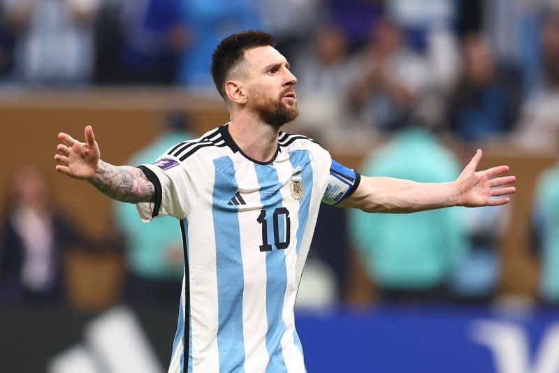 Lionel Messi celebrates at the 2022 FIFA World Cup finals in Qatar in 2022. File Photo by Chris Brunskill/UPI