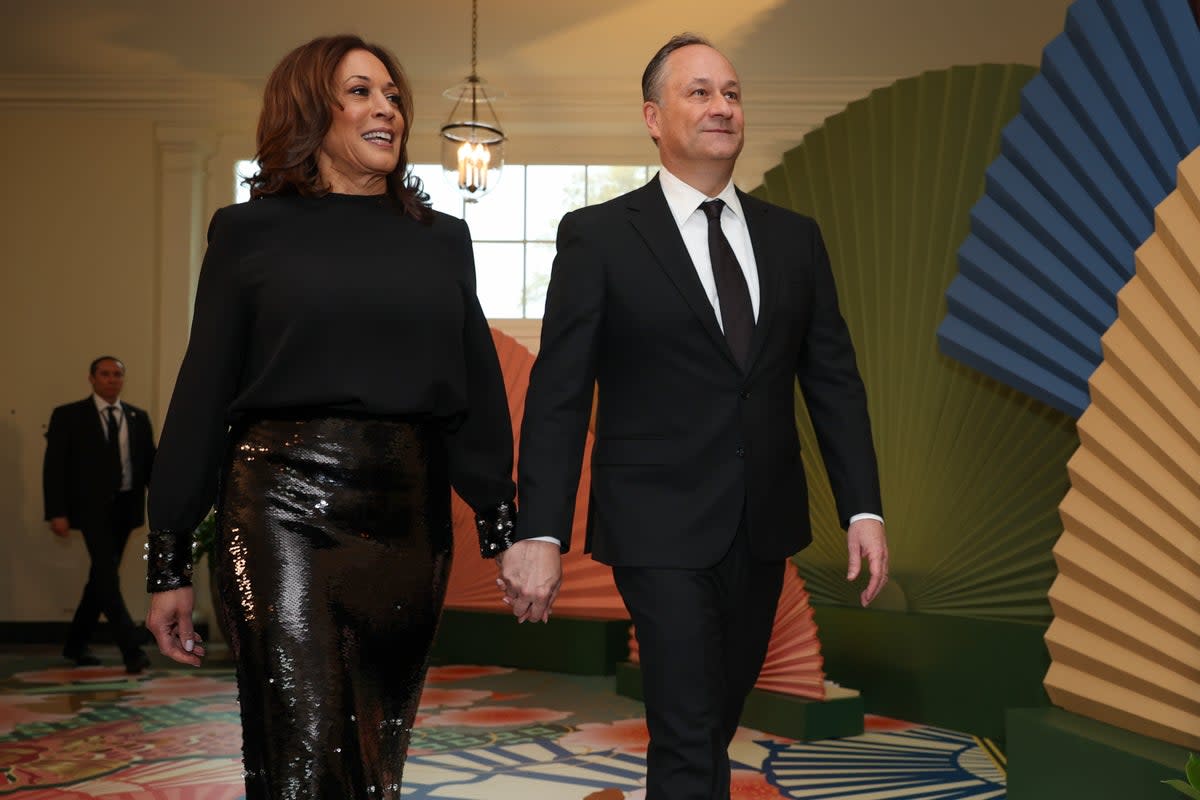 Vice President Kamala Harris and Second Gentleman Doug Emhoff arrive at the White House for a state dinner on April 10, 2024 in Washington, DC (Getty Images)