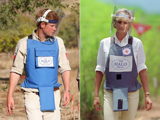 PHOTO: Prince Harry wears protective body armor learning the first steps of the removal of landmines, June 21, 2010, in Cahora Bassa, Mozambique. Princess Diana visits a landmine minefield being cleared by the charity Halo in Huambo, Angola, Jan. 5, 1997. (Getty Images)