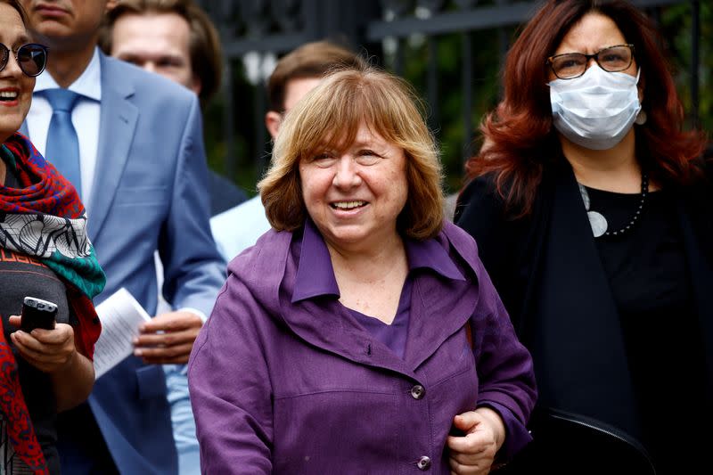 FILE PHOTO: The 2015 Nobel literature laureate Svetlana Alexievich arrives for questioning by state investigative committee in Minsk