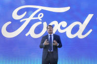 Jim Farley, Ford president and CEO, speaks during a presentation on the planned factory to build electric F-Series trucks and the batteries to power future electric Ford and Lincoln vehicles Tuesday, Sept. 28, 2021, in Memphis, Tenn. The plant in Tennessee is to be built near Stanton, Tenn. (AP Photo/Mark Humphrey)