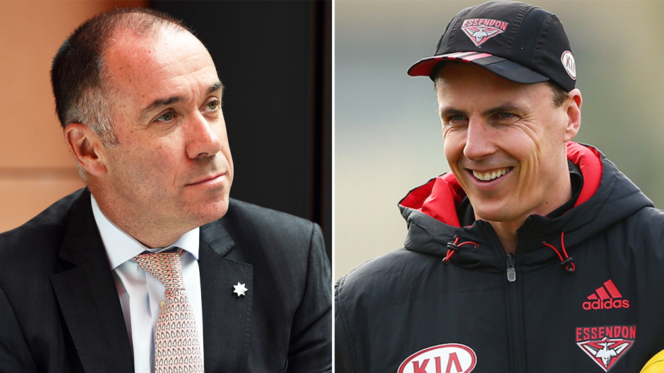 Essendon legend Matthew Lloyd (pictured right) during training and (pictured left) Andrew Thorburn posing for a photo.