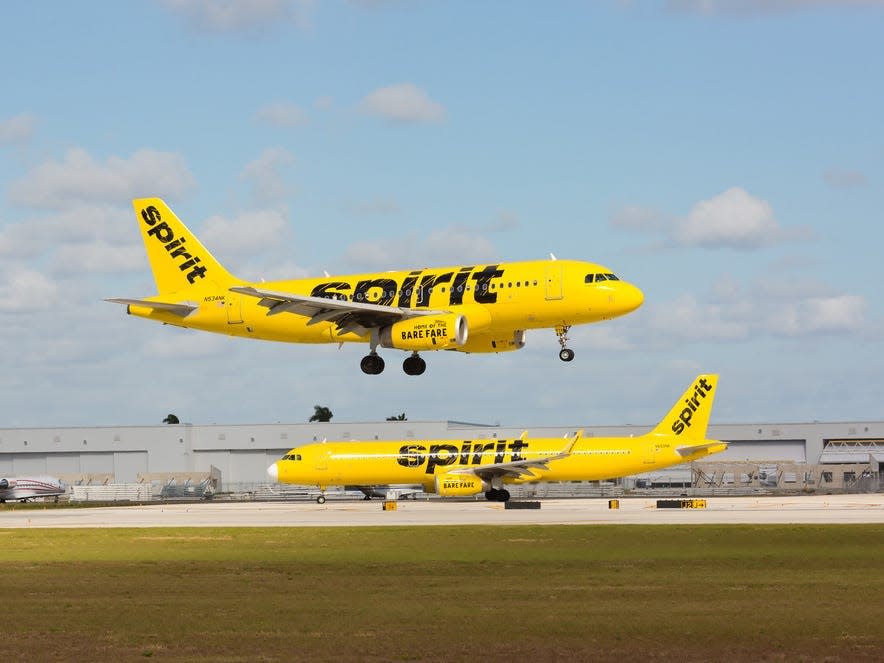A pair of Spirit Airlines aircraft.