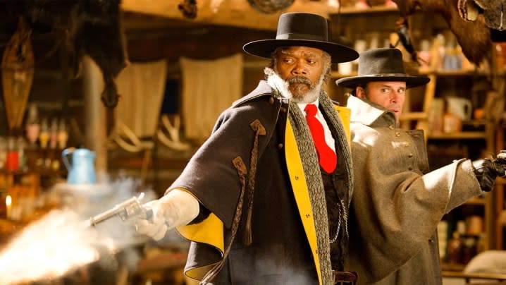 Samuel Jackson as The Bounty Hunter and Walton Goggins as The Sheriff back-to-back in The Hateful Eight.